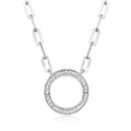 Sterling silver circle charm necklace with diamond halo ring pendant and oval link chain