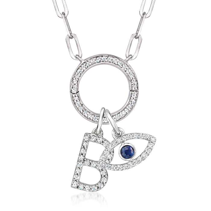 Sterling silver circle charm necklace with diamond halo ring, letter 'B' charm and blue stone