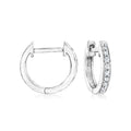 Sterling silver diamond huggie hoop earrings, one front and one side view