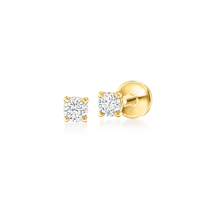 14kt yellow gold diamond stud earrings with round stones and visible flat backs