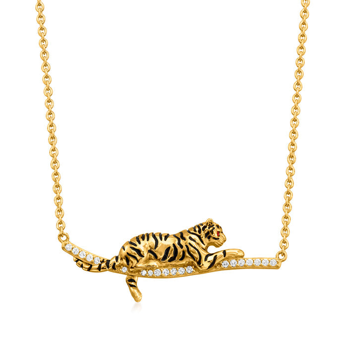 18kt gold over sterling tiger bar necklace with enamel tiger and crystal accents