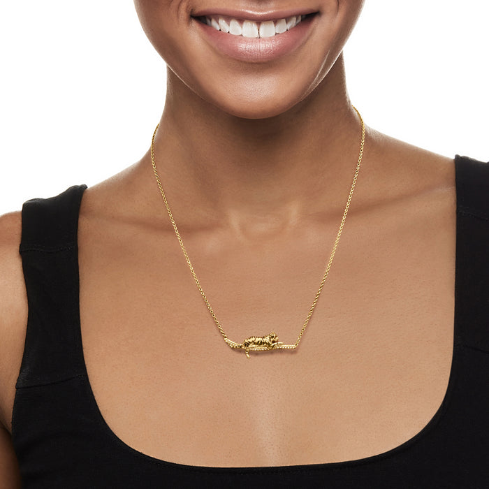 Gold tiger bar necklace with enamel tiger head and crystal-studded bar