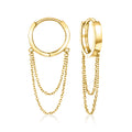Yellow gold huggie hoop drop earrings with cable-chain drape