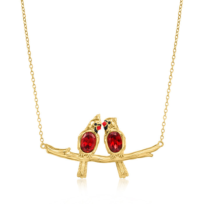 Gold branch bird necklace with two red cardinal charms and red gemstone eyes