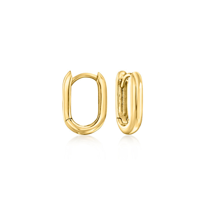 Yellow gold paper-clip link huggie hoop earrings, oval hoops with hinge detail