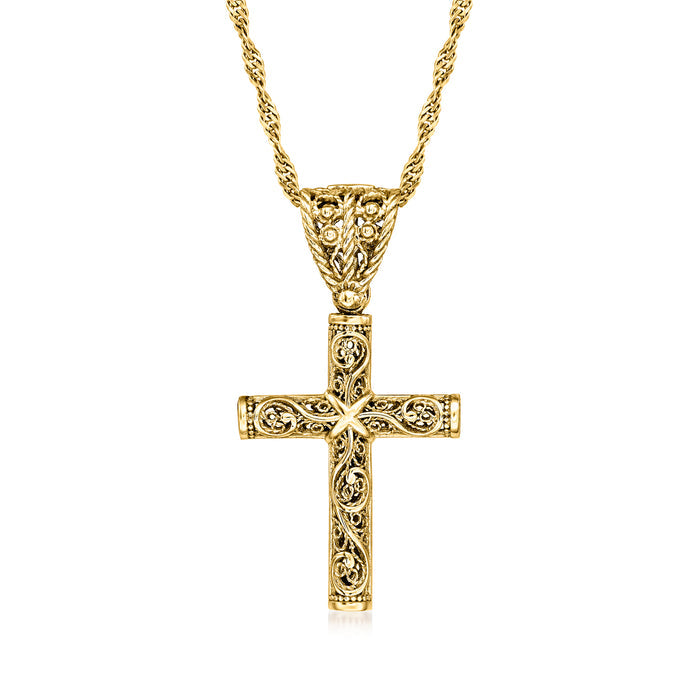 Gold over sterling cross pendant necklace with filigree cutout and textured chain