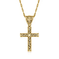 Gold over sterling cross pendant necklace with filigree cutout and textured chain