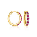 Gold hoop earrings with purple ruby and clear diamond accents, hinged hoop style