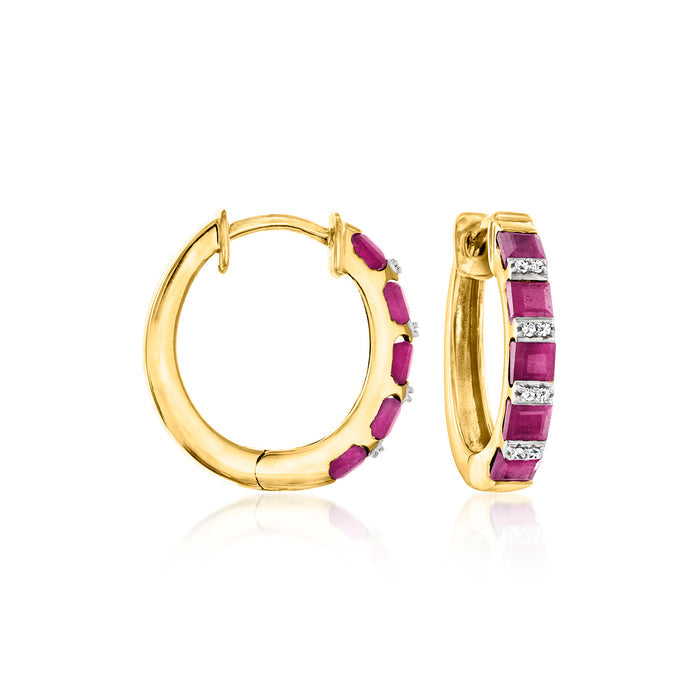 Gold hoop earrings with purple ruby and clear diamond accents, hinged hoop style