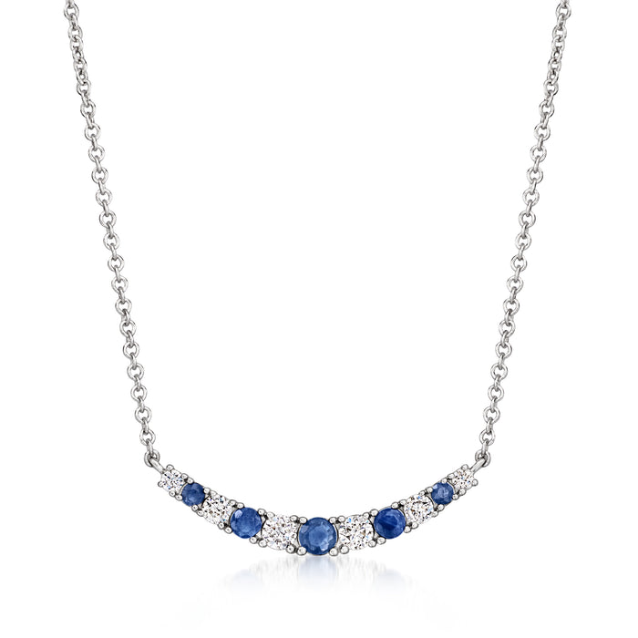 Curved sterling silver necklace with blue sapphire stones and lab-grown diamond accents