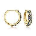Gold hoop earrings with blue enamel fleur-de-lis and small sapphire-like stones, 18kt gold over sterling