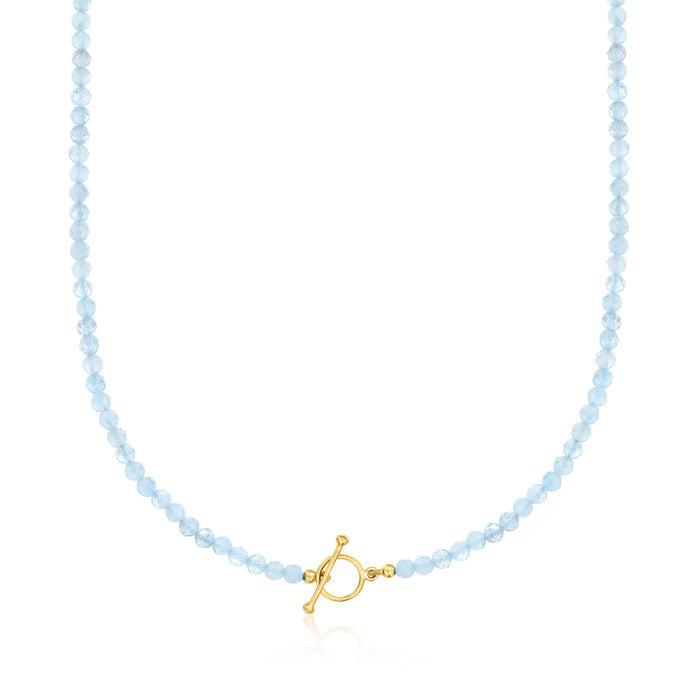 Aquamarine bead toggle necklace with 18kt gold over sterling clasp, round link detail.