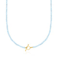 Aquamarine bead toggle necklace with 18kt gold over sterling clasp, round link detail.