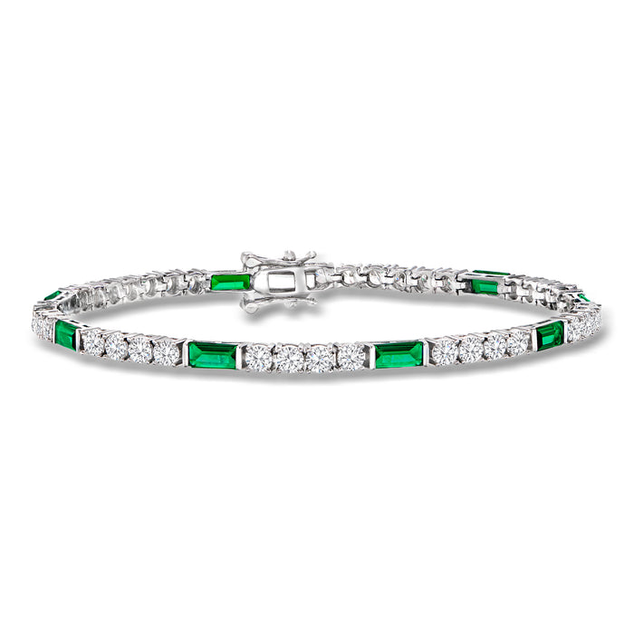 Sterling silver tennis bracelet with green simulated emerald and clear CZ stones