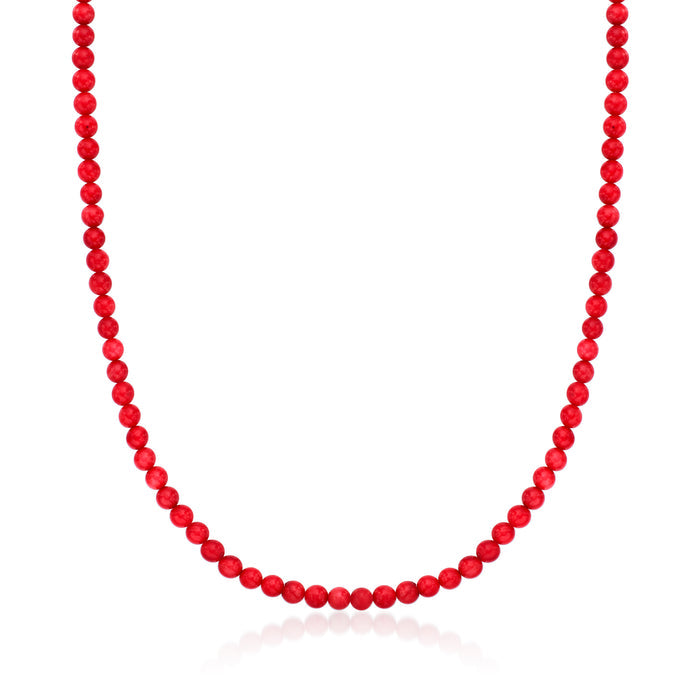 Red coral bead necklace with small round beads and gold clasp