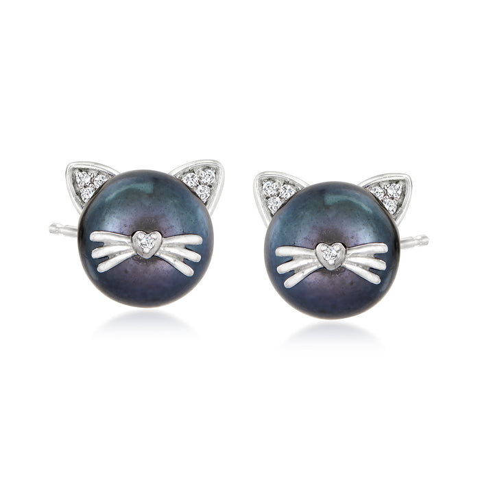 Sterling silver cat stud earrings with dark pearl, diamond face, post backs