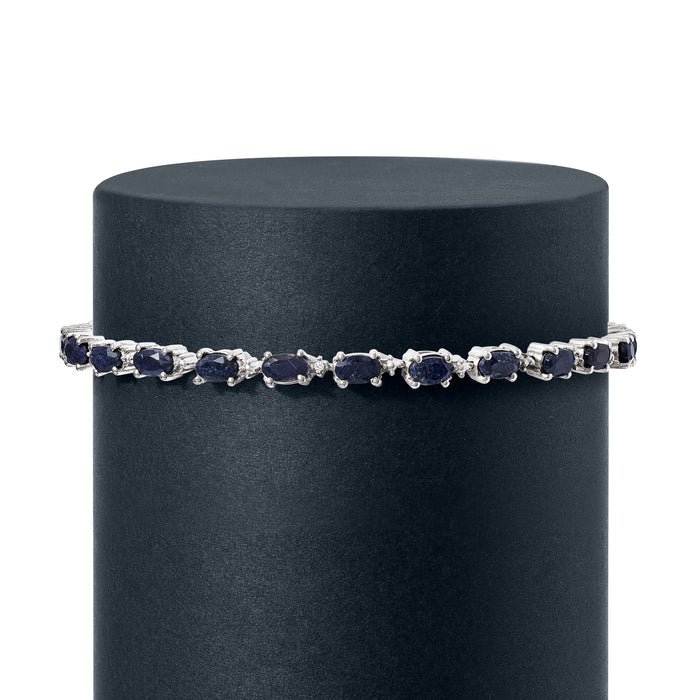 Sterling silver bracelet with blue sapphire stones and diamond accents, clasp view