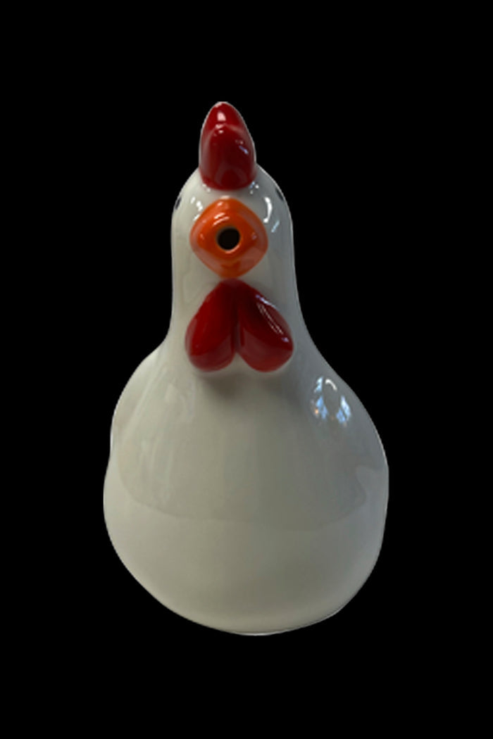 White ceramic chicken-shaped water pipe with red comb and wattle.