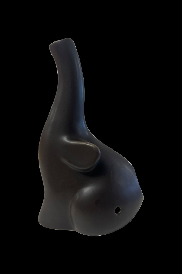 Black glass water pipe with a unique, rounded bulbous design.