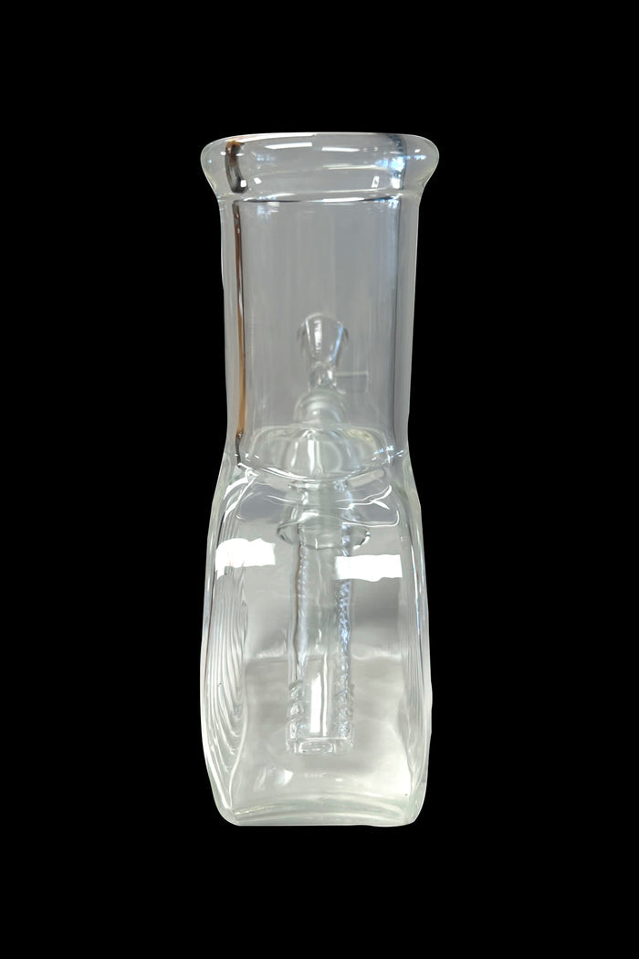 Clear glass bubbler water pipe for smoking cannabis.