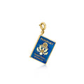 Gold over sterling passport charm with blue enamel cover and gold ring bail