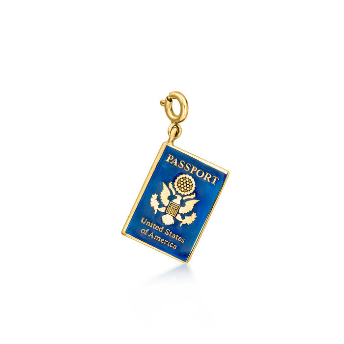 Gold over sterling passport charm with blue enamel cover and gold ring bail
