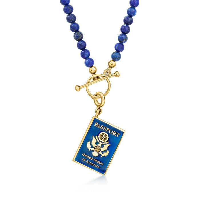 Blue beaded necklace with gold passport charm pendant and clasp detail