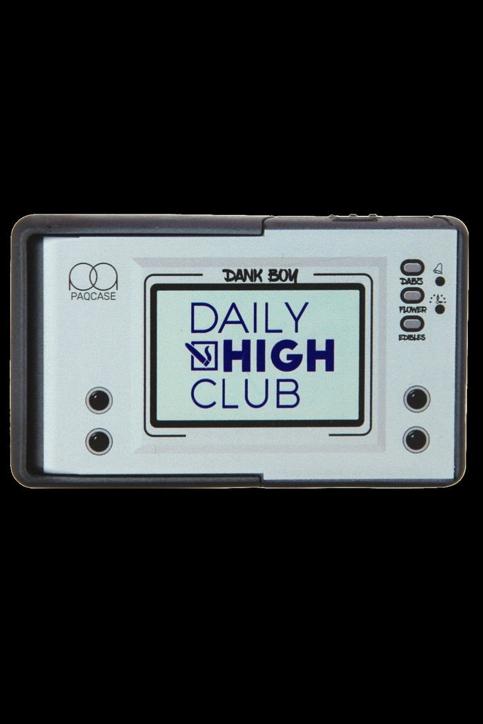 A black cannabis storage case with a retro-style label reading “DAILY HIGH CLUB” and icons for dabs, flower, and edibles.