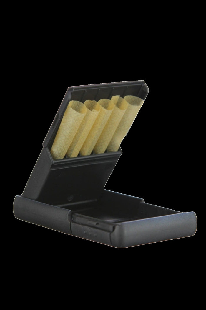 Black rolling papers case open with pre-rolled cones inside.