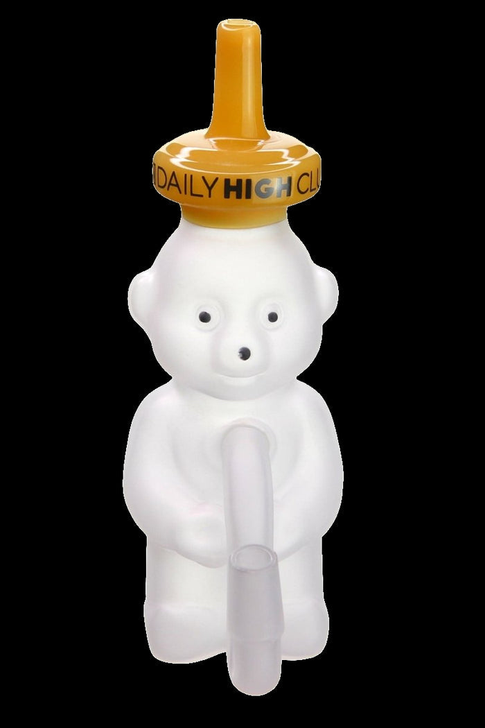Clear bear-shaped honey pot containing a glass pipe, branded “DAILY HIGH CLUB.”