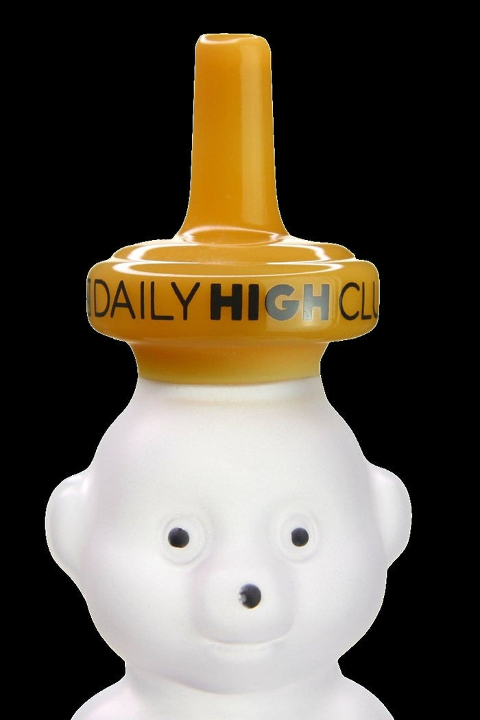 A ceramic water pipe shaped like a nude male torso with “DAILY HIGH CLUB” text.