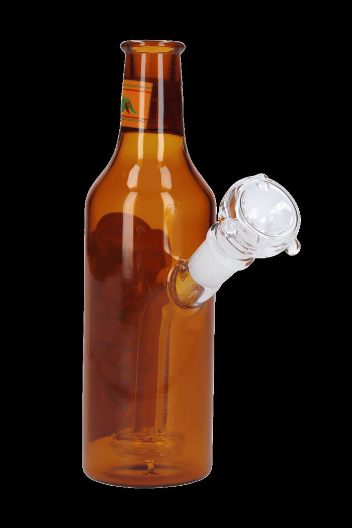 Amber glass water pipe shaped like a beer bottle with a clear glass mouthpiece.