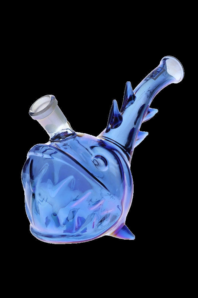 Blue glass water pipe with textured, thorn-like design.