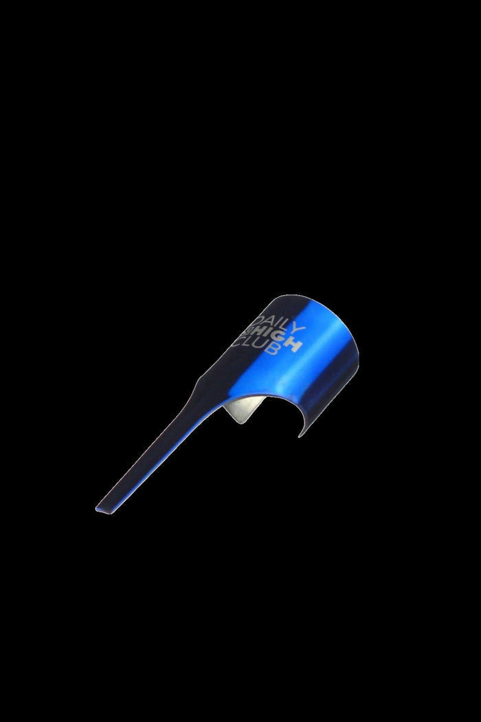 Metallic blue one-hitter pipe with "Daily High Club" text against a black background.