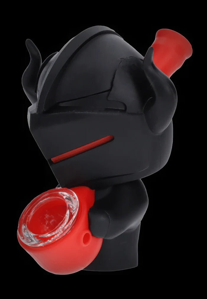 Close three-quarter view of the black Daily High Club Knight Silipipe holding a red bowl, shown against a solid black background.