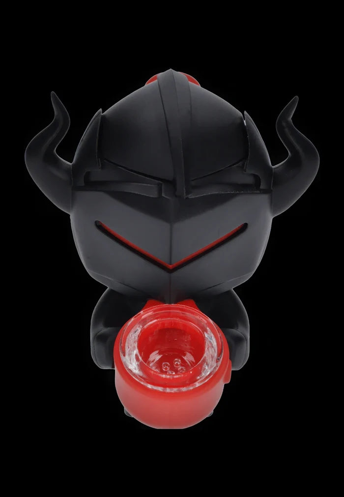 Top-down view of the Daily High Club Knight Silipipe showing a matte black horned helmet figure holding a glossy red bowl.