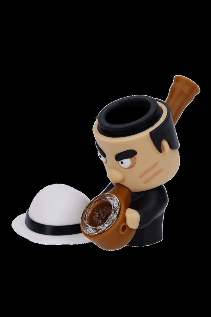 Cartoon gangster-shaped glass pipe with a white fedora.