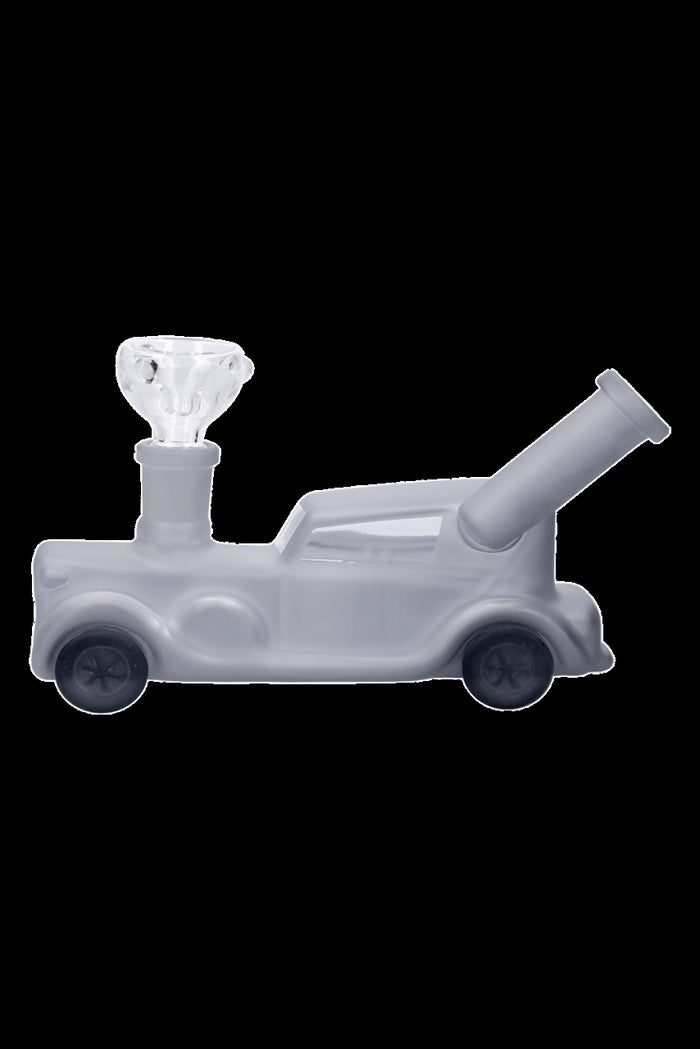 Glass rig shaped like a classic car with a bowl and mouthpiece.