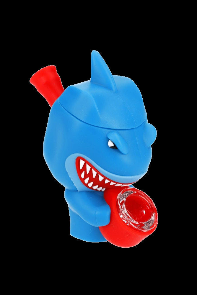 Blue cartoon shark-shaped water pipe with a red glass bowl.
