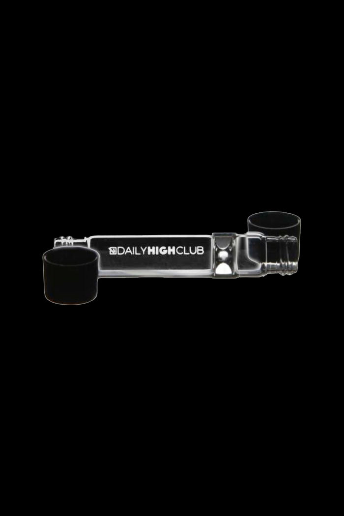Clear glass cannabis smoking pieces displayed against a black background with “@DAILYHIGHCLUB” text.