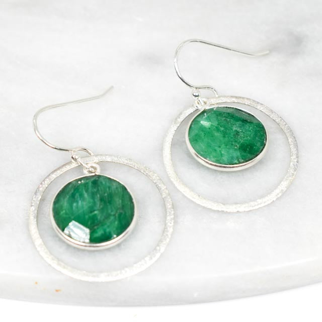 Emerald and Sterling Silver Circle Earrings