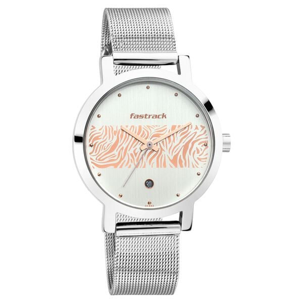 Fastrack Animal Print Quartz Analog with Date Bicolour Dial Stainless Steel Strap Watch for Girls 6222SM03