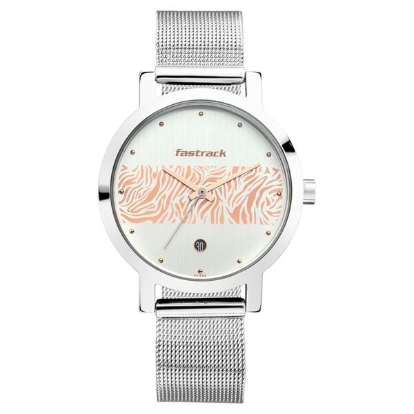 Fastrack Animal Print Quartz Analog with Date Bicolour Dial Stainless Steel Strap Watch for Girls 6222SM03