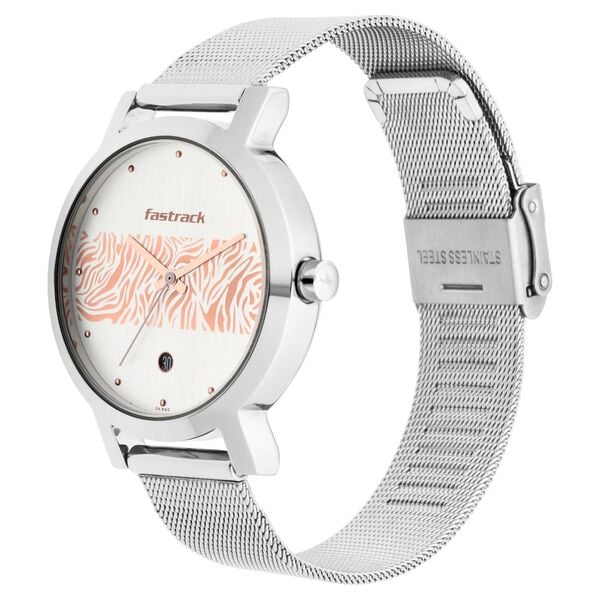 Fastrack Animal Print Quartz Analog with Date Bicolour Dial Stainless Steel Strap Watch for Girls 6222SM03