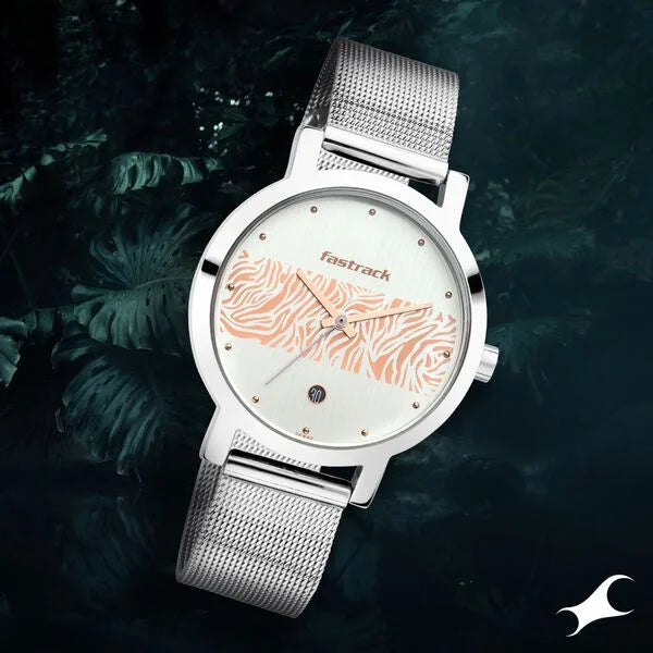 Fastrack Animal Print Quartz Analog with Date Bicolour Dial Stainless Steel Strap Watch for Girls 6222SM03