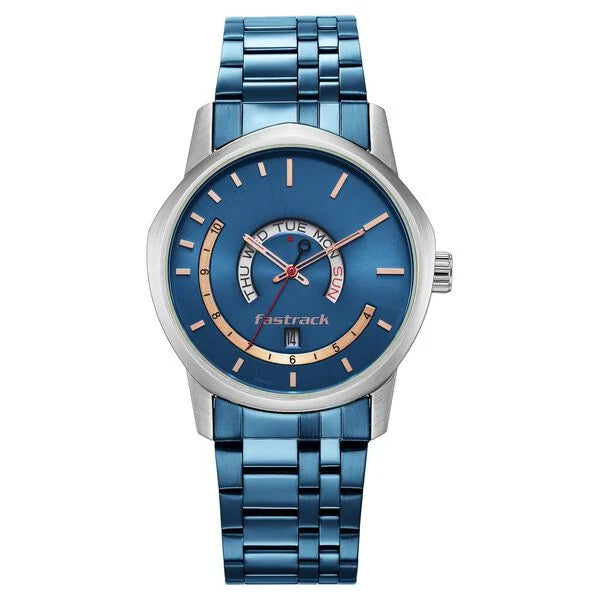 Fastrack Exuberant Quartz Analog with Day and Date Blue Dial Metal Strap Watch for Guys 3279km01