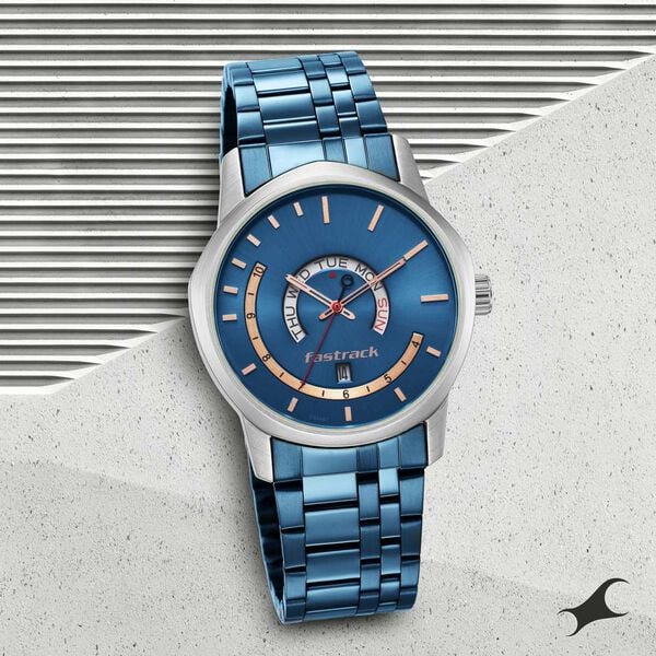 Fastrack Exuberant Quartz Analog with Day and Date Blue Dial Metal Strap Watch for Guys 3279km01