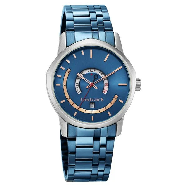 Fastrack Exuberant Quartz Analog with Day and Date Blue Dial Metal Strap Watch for Guys 3279km01
