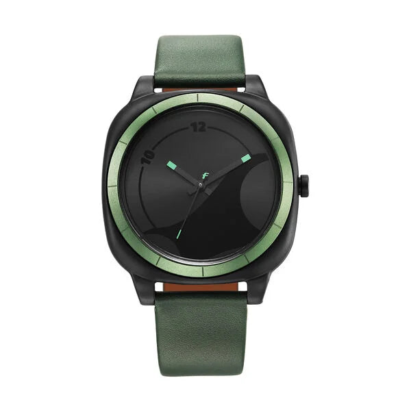 Fastrack Hype All Black Quartz Analog Black Dial With Green Leather Strap Watch For Unisex 68034PL03