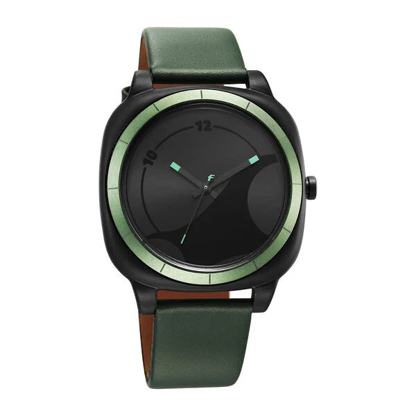 Fastrack Hype All Black Quartz Analog Black Dial With Green Leather Strap Watch For Unisex 68034PL03